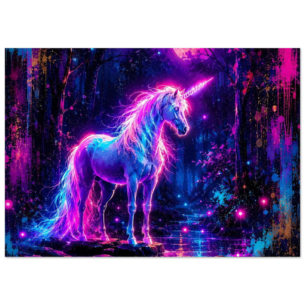 Poster mit Neon-Einhorn, violett-blauer Körperglut und Mondsichel im Hintergrund