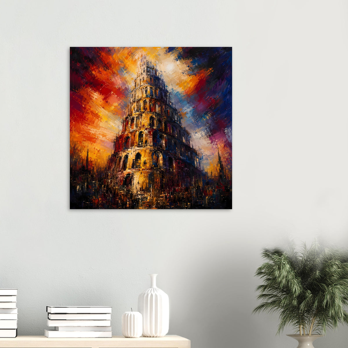 Kleines Poster: Turm von Babel, gemalte Optik mit warmem Orange und kräftigem Blau.