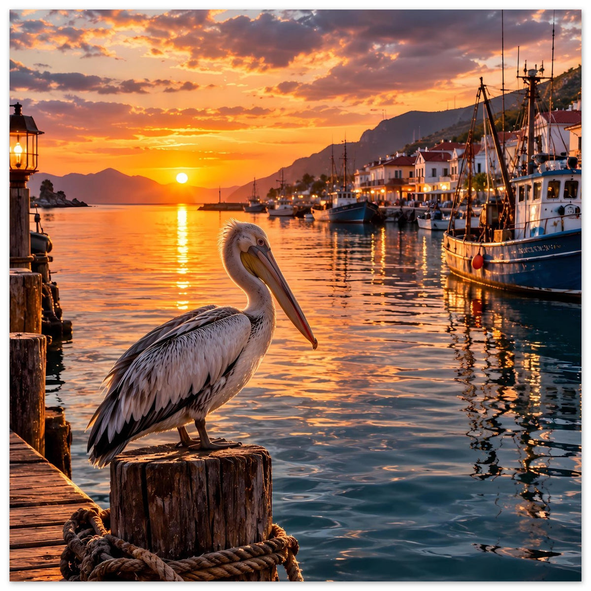 Poster mit Pelikan auf Holzpfahl und Seil am Kai, Hafen bei Sonnenuntergang