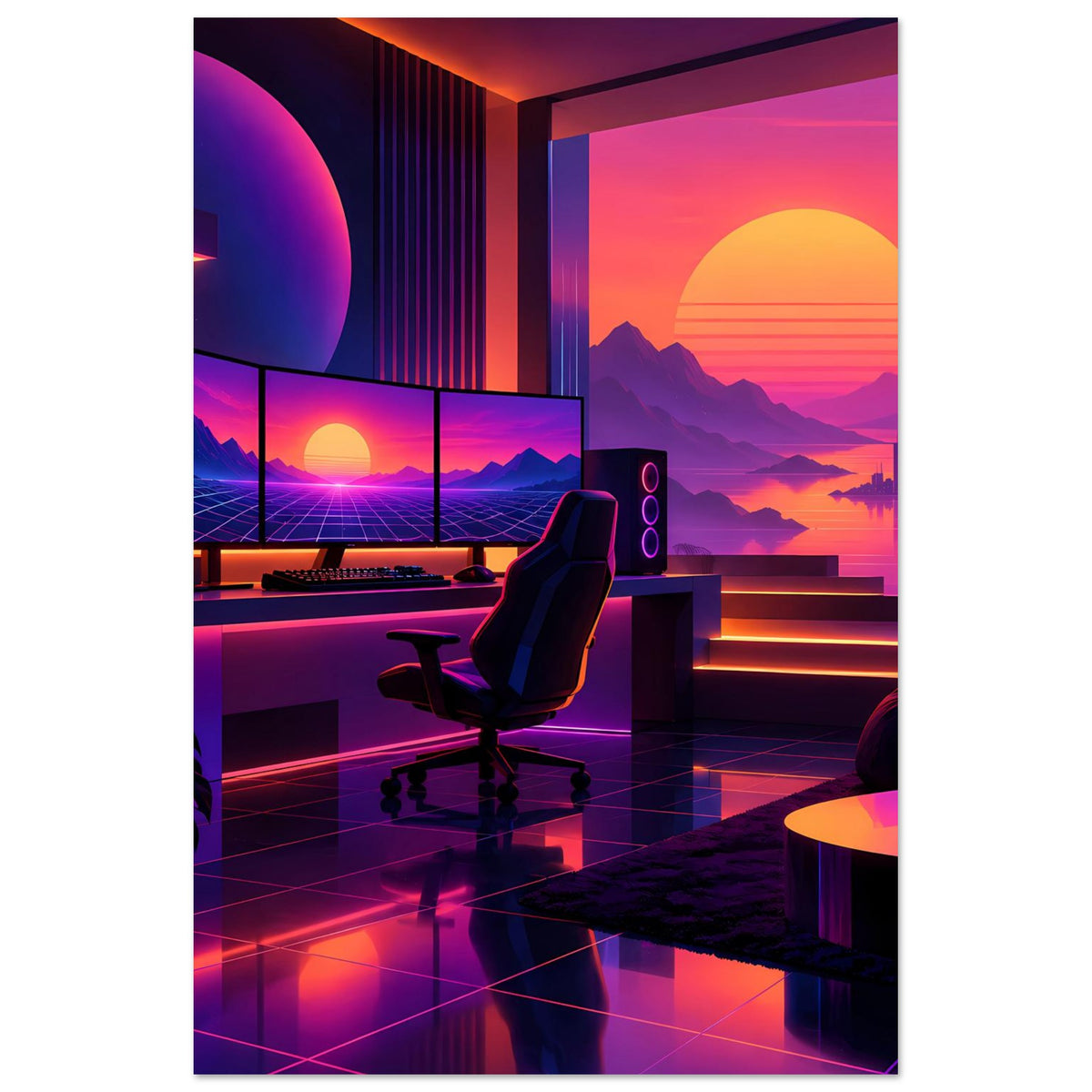 Neon-Retro-Poster, vertikal: Sitzecke vor Neon-Sonnenuntergang mit Skyline und Bergen