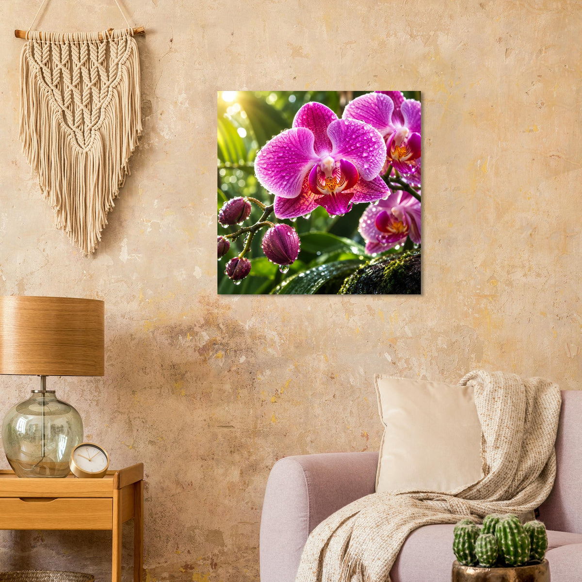 Quadratisches Poster mit pinken Orchideen, glänzenden Tropfen auf Blättern und Blüten