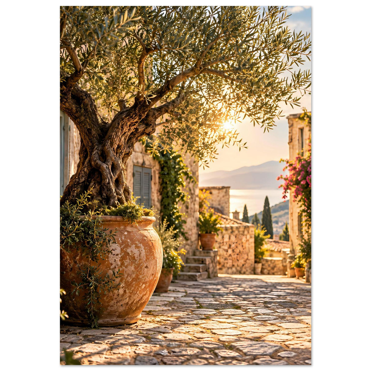 Mediterranes Poster: Olivenbaum und Terrakotta-Vase entlang eines Pflasterwegs