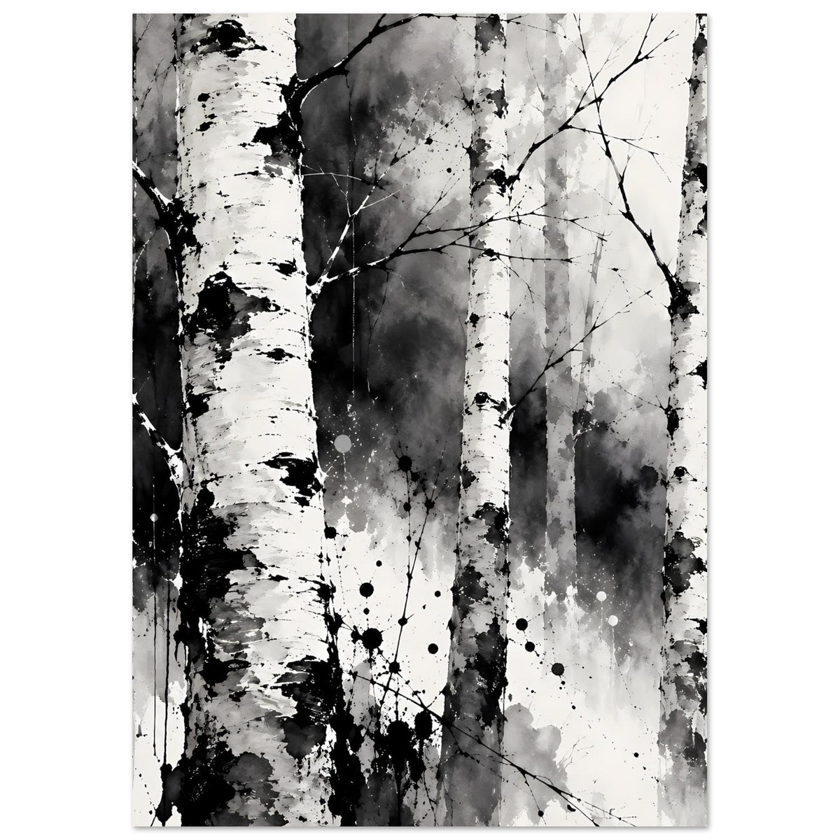 Monochromes Birkenwald-Kunstposter mit langen Birkenstämmen und verzweigten Ästen