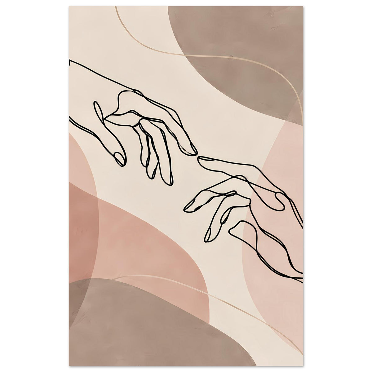 Wandbild mit abstrahierter Handskizze und Linienkonturen, ruhige Erdtöne im Hochformat