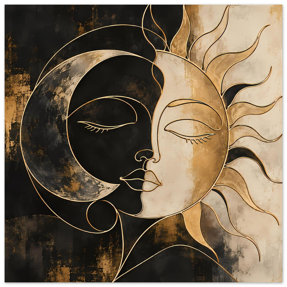 Kunstposter mit zwei miteinander verschlungenen Gesichtern, goldene Details, Schwarz-Beige