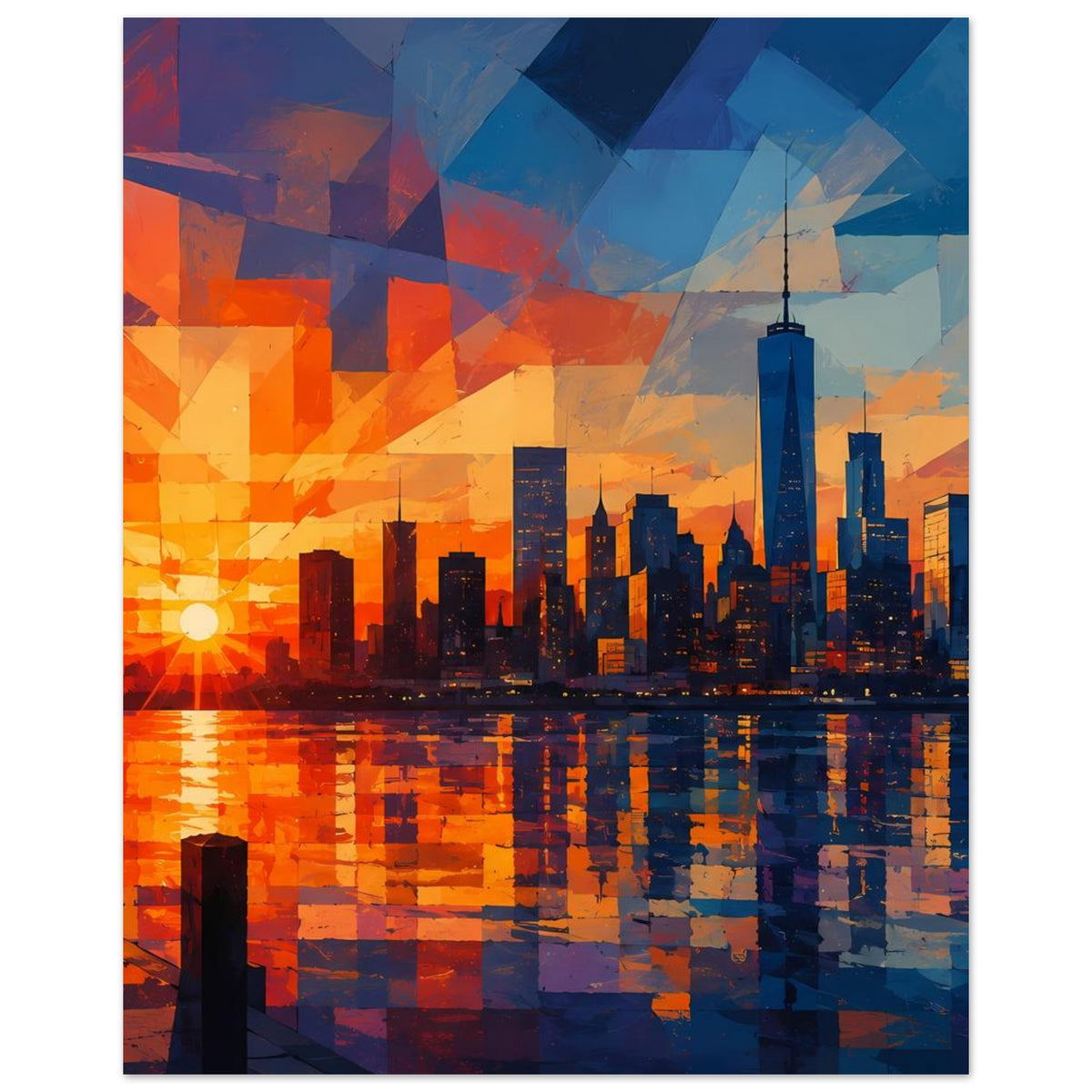 Abstraktes Stadtposter mit Skyline im Blau-Orange-Mix, roter Sonne links und Wasserreflexion