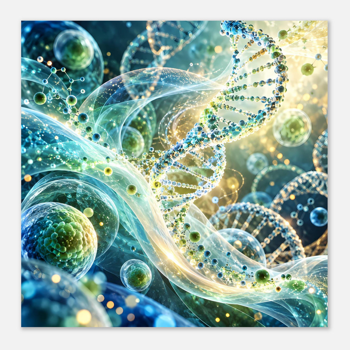 Nahansicht-Poster der DNA-Doppelhelix mit leuchtenden Strängen, grünen Punkten und blauen Kugeln