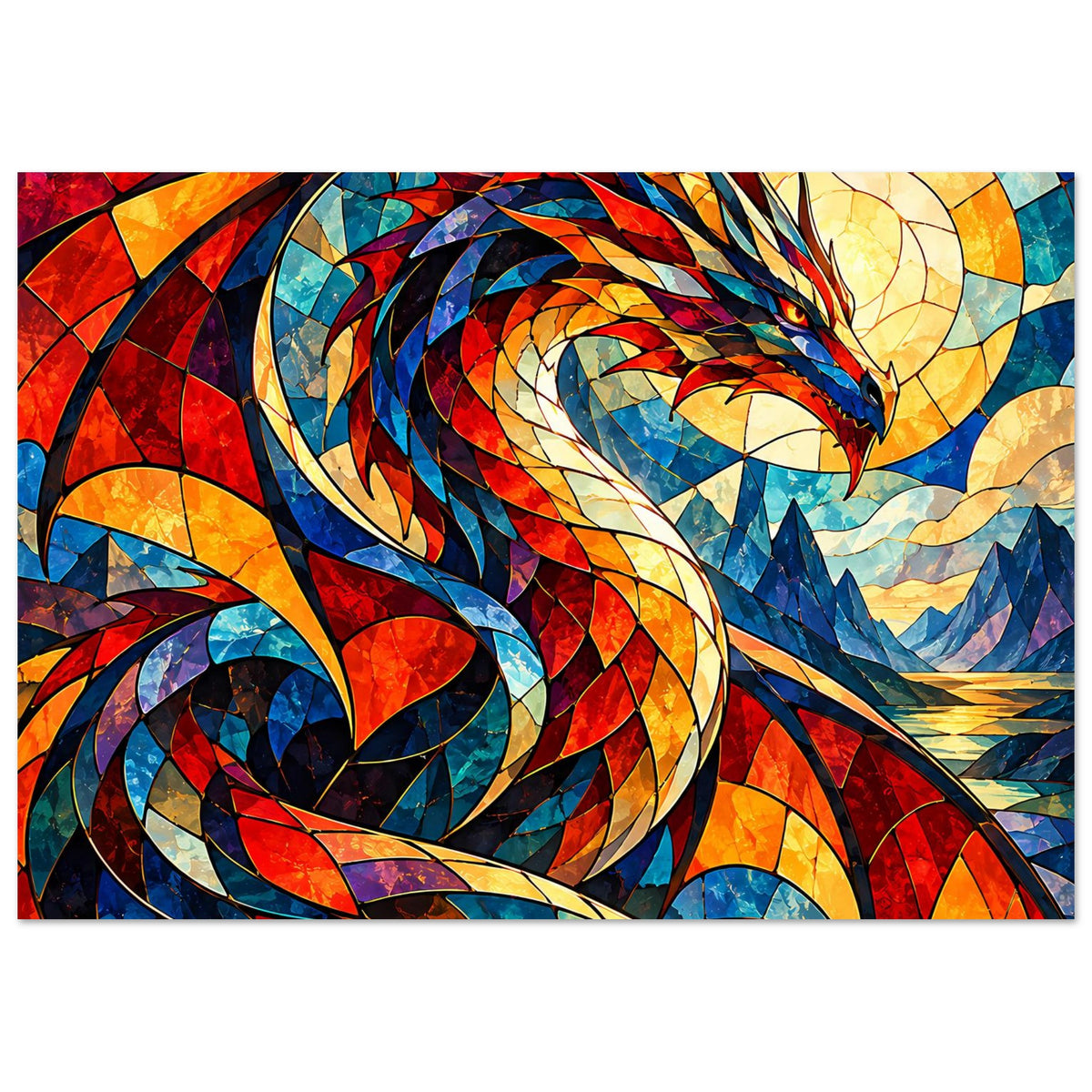 Poster im Querformat: drache aus Glasmalerei, kontrastreiches Mosaik in Rot- und Blautönen