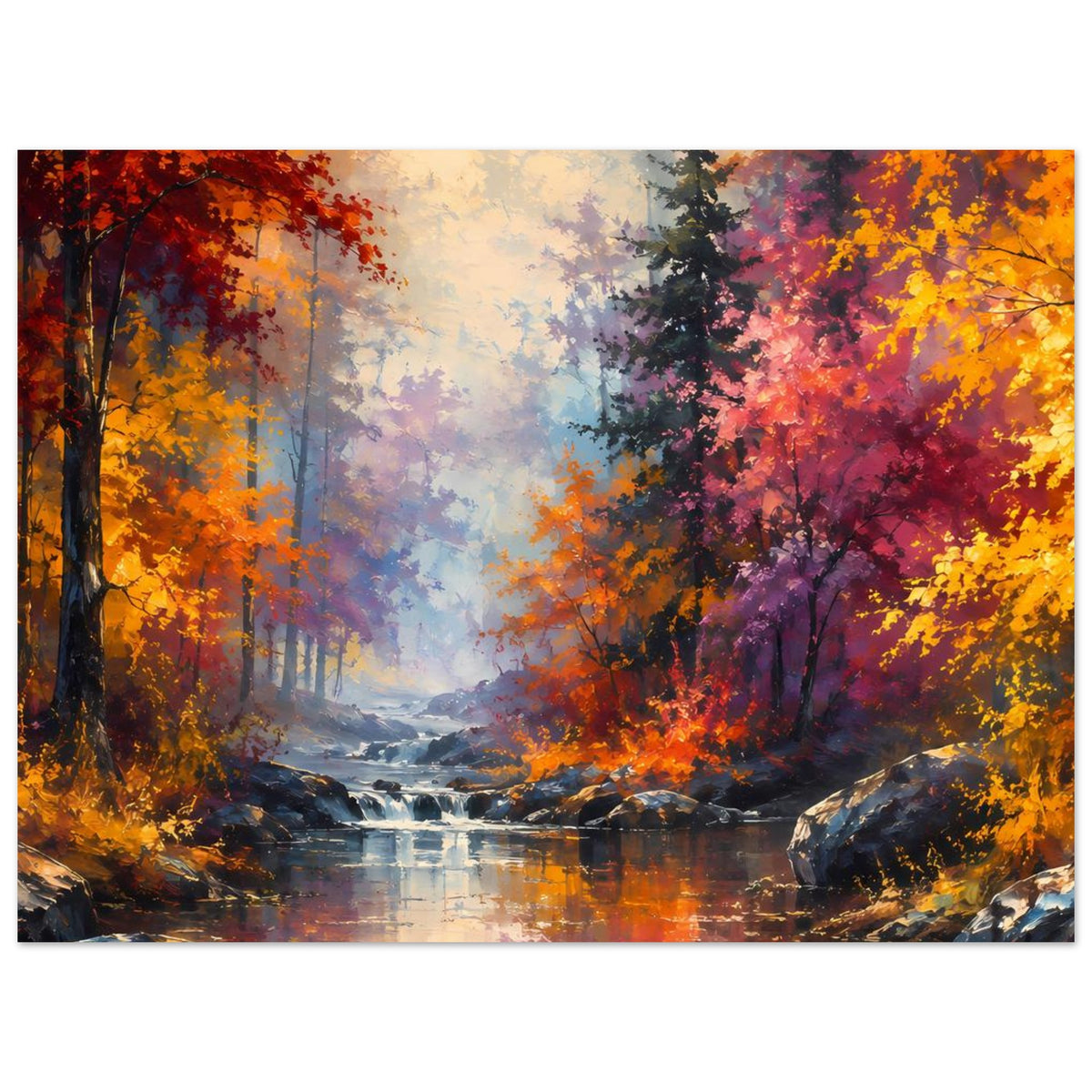Querformat-Poster mit Herbstwald, leuchtenden Baumkronen und Fluss mit Lichtreflexen