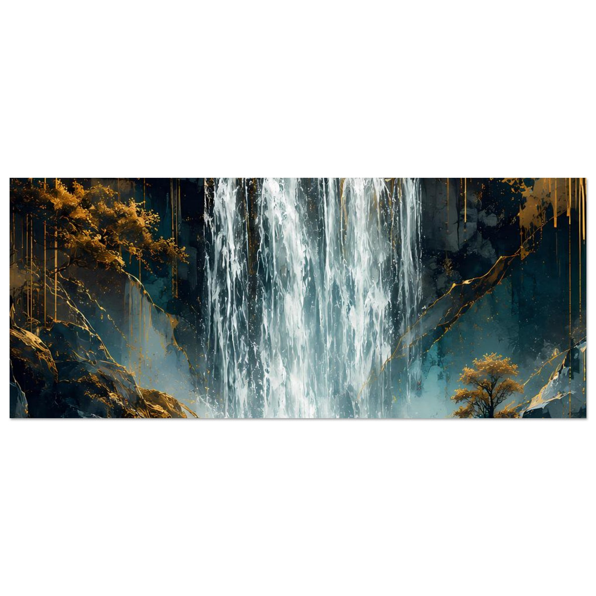 Horizontales Wasserfall-Poster: breites Panorama mit türkisfarbenem Wasserfall und Felsen