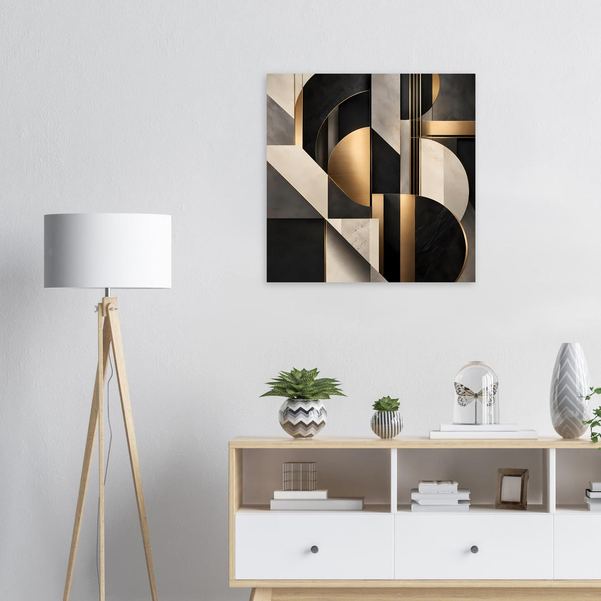 Geometrisches Kunstposter mit Gold- und Marmordetails, schwarze & beigefarbene Flächen