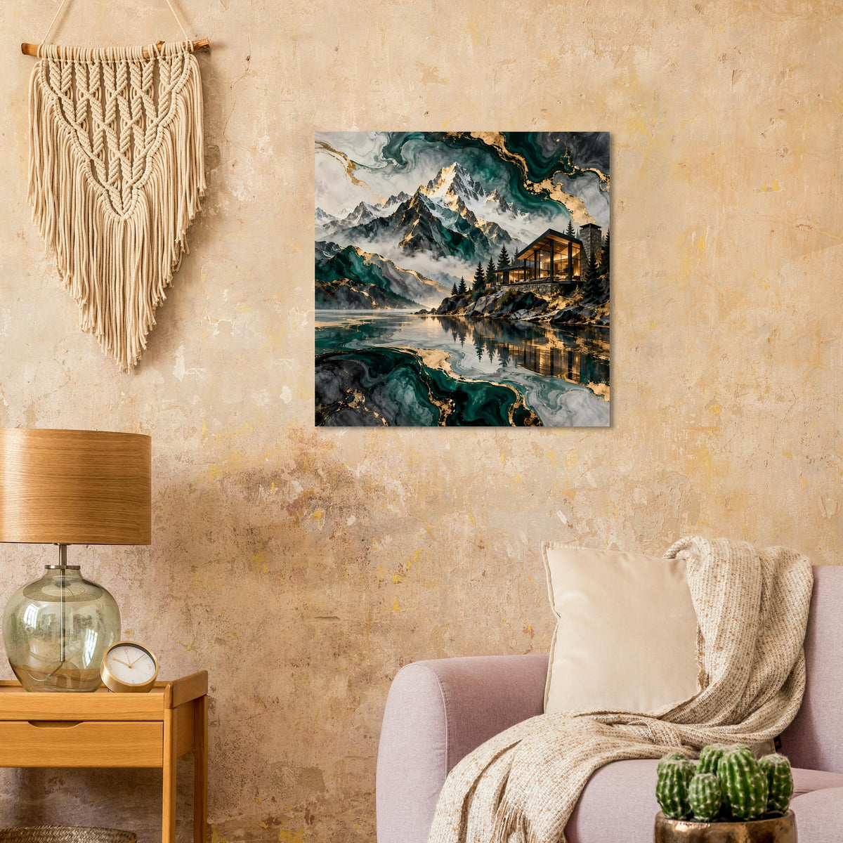 Poster mit Bergpanorama, spiegelndem See, Chalet im Licht und türkis-grünen Wirbeln