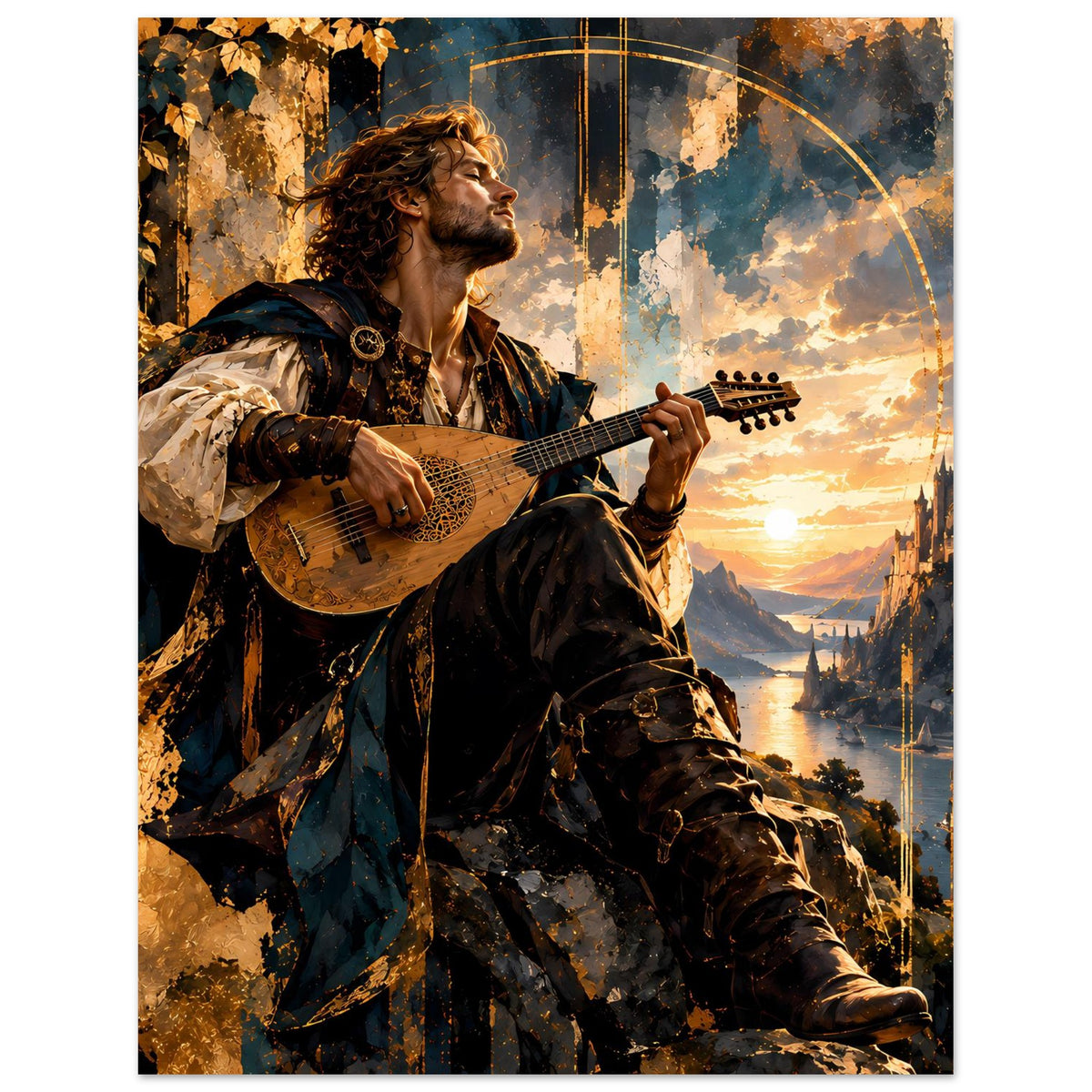 Vertikales Poster mit Bard-Musiker und Gitarre im Fantasy-Landschaftsbild