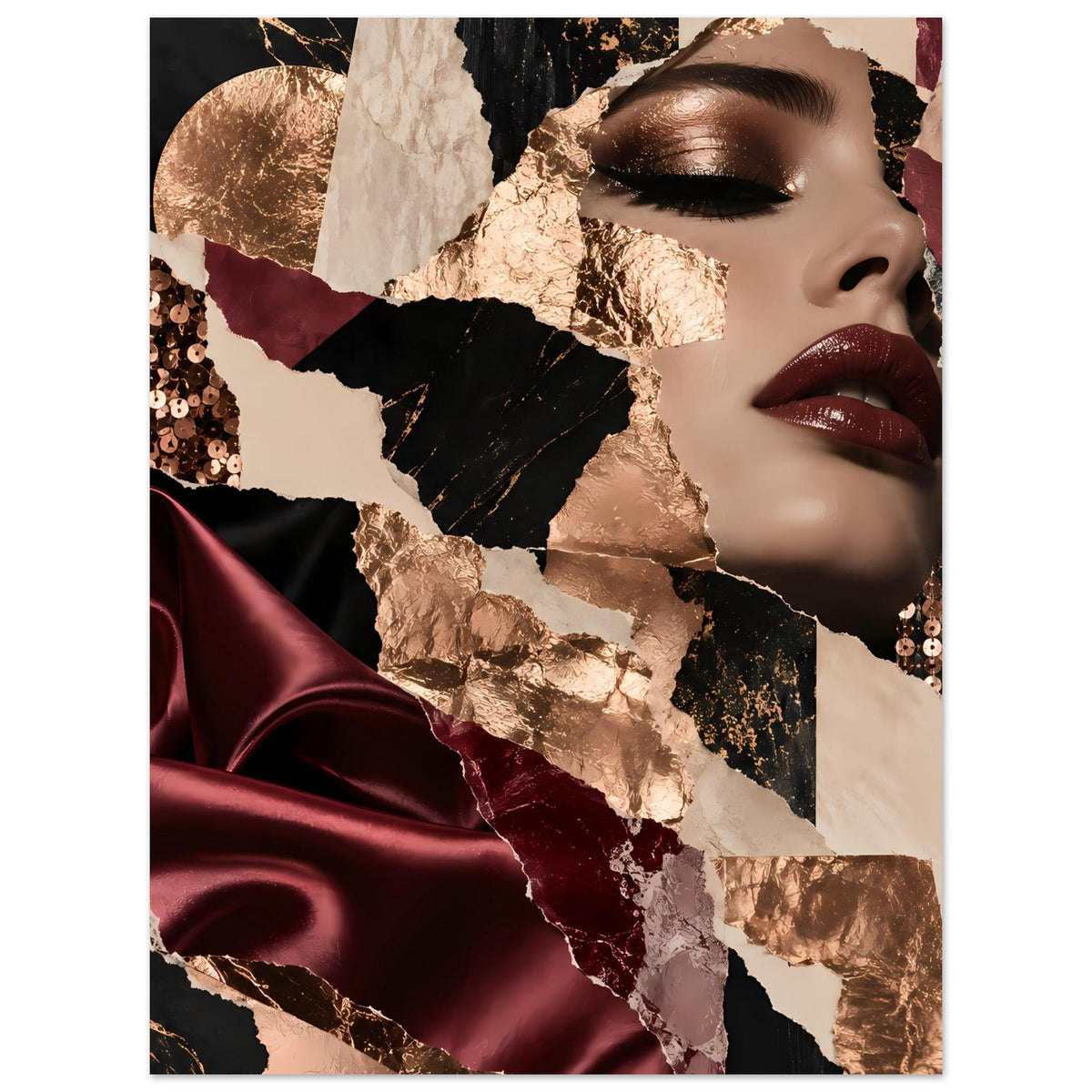 Kunstposter im Detail: Frauenporträt mit dunklem Glamour-Make-up, Bordeaux und Gold