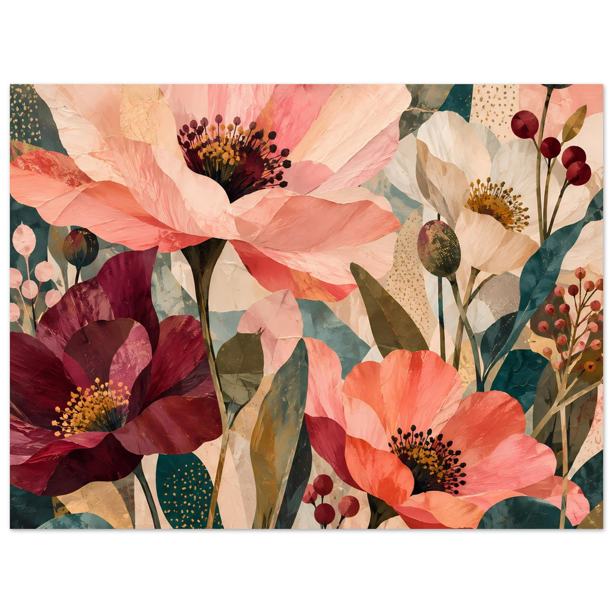 Blumenposter mit Korallen- und Weißblüten, dunklen Blütenkernen und grünem Laub im Nahblick