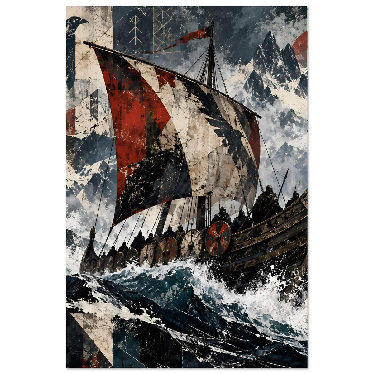 Wikingerschiff-Poster im Hochformat, Segelboot auf schäumender See, rote Segelflächen