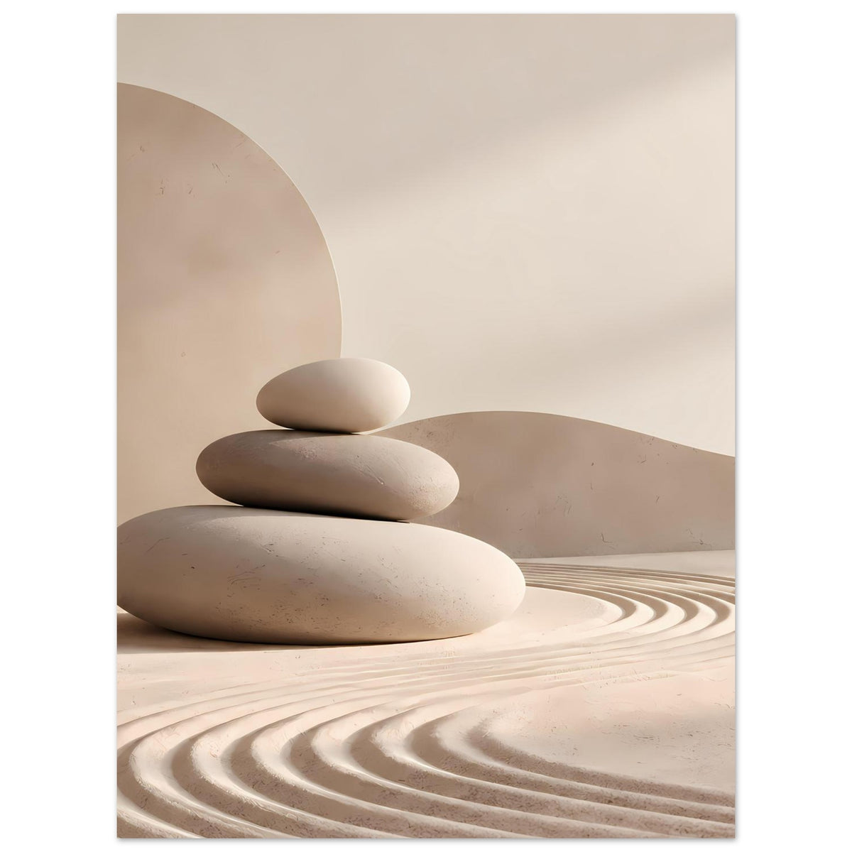 Zen-Balance-Poster: Stapel glatter Steine auf beigem Sand mit Wellenlinien und ruhigen Flächen.