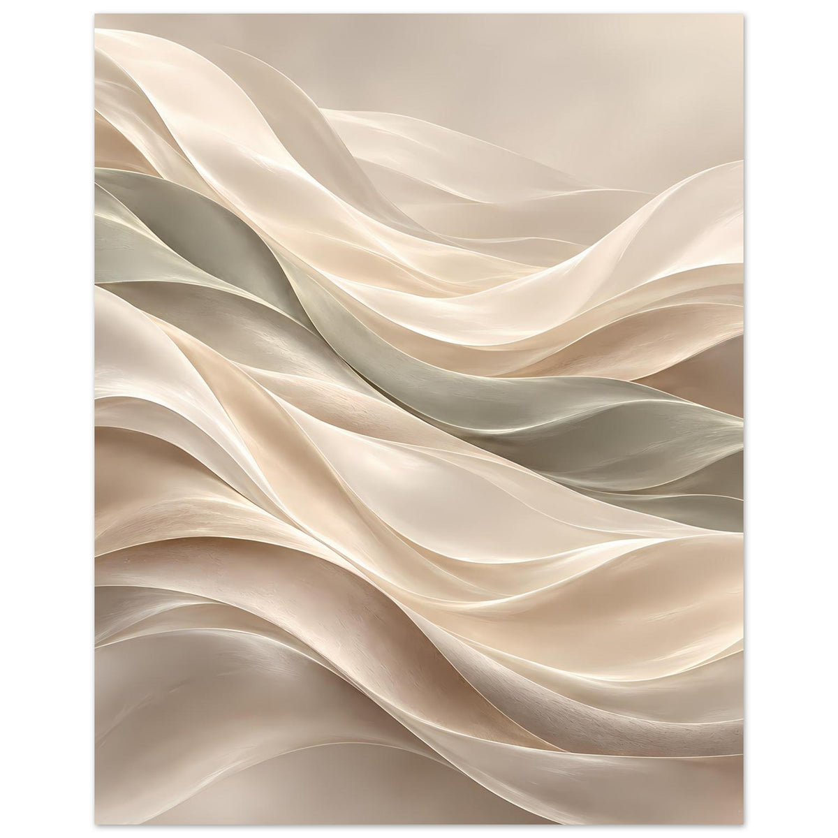 Wellenkunst-Poster im Hochformat mit abstrakten, fließenden Wellen in Creme- und Grautönen.