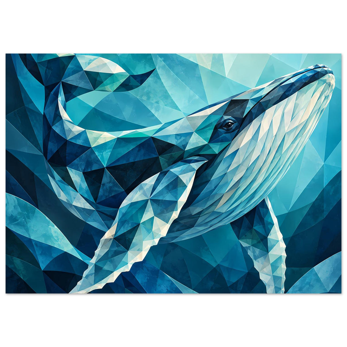 Geometrisches Wal-Poster: Blauwal in Blau- und Aquarinfarben, klarer Kopf und Flosse