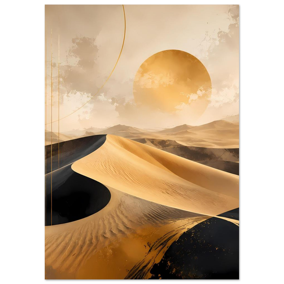 Wandposter mit goldenen Dünen, schwarzem Sand und runder Sonnenscheibe