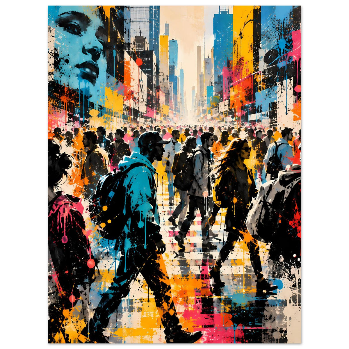 Street-Art-Poster mit Menschenmenge in der City, kräftige Orange-, Blau- und Pinkspritzer, Hochformat