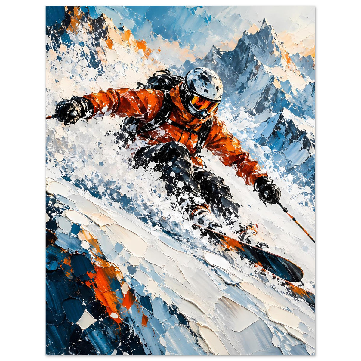 Wintersport-Poster: orange Skifahrer in Fahrt, blaue Berge, dynamische Schneeflecken
