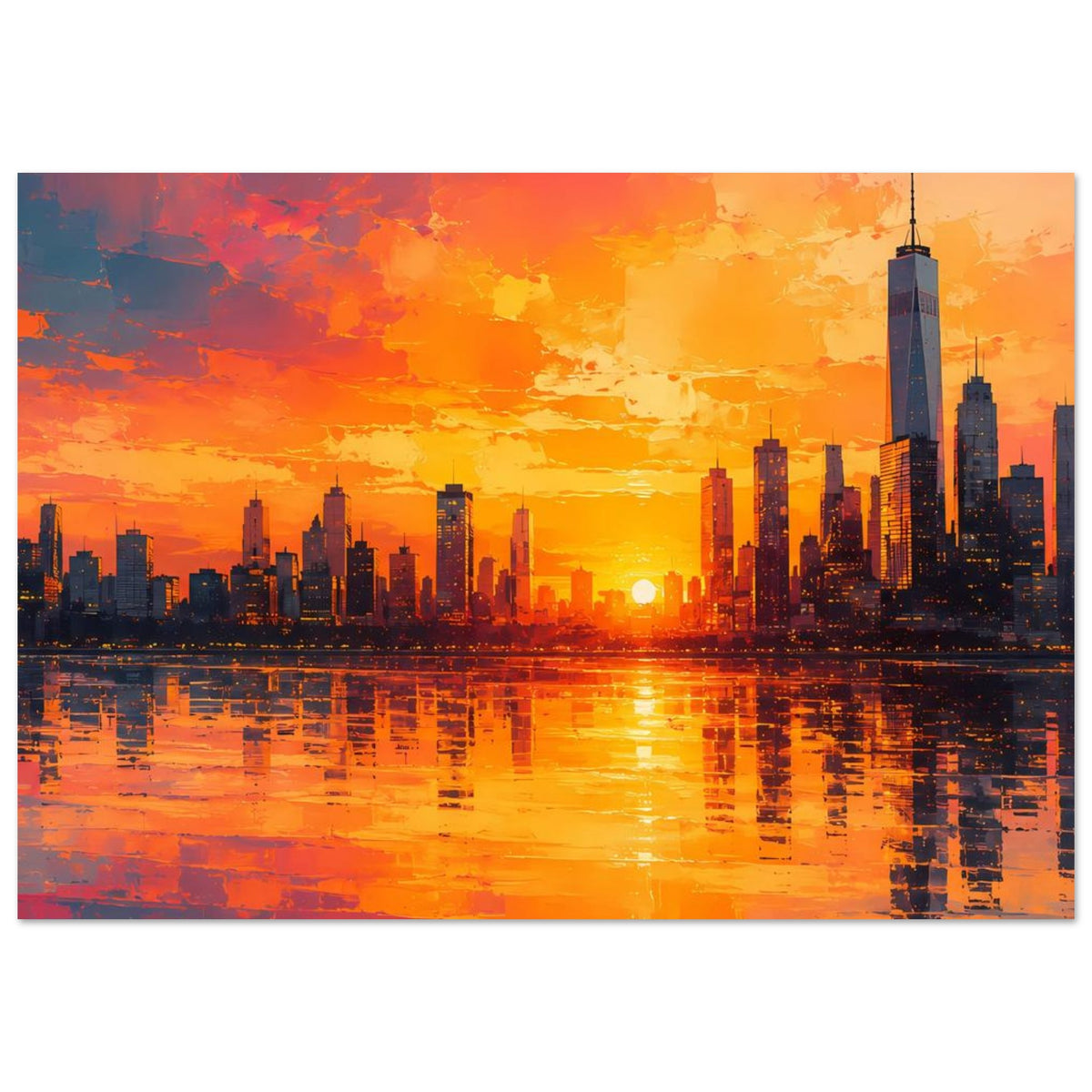 Poster mit Skyline, goldener Sonne am Horizont, farbigen Wolken und Spiegelung