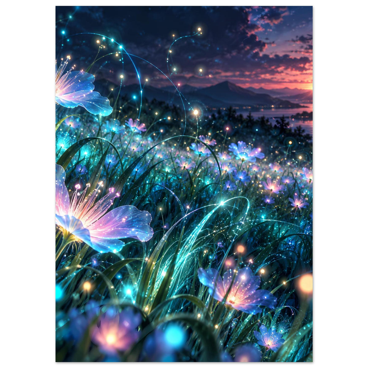 Poster mit glühenden blauen Blumen und vielen Lichtpunkten im Feld, Abendsonne am Horizont