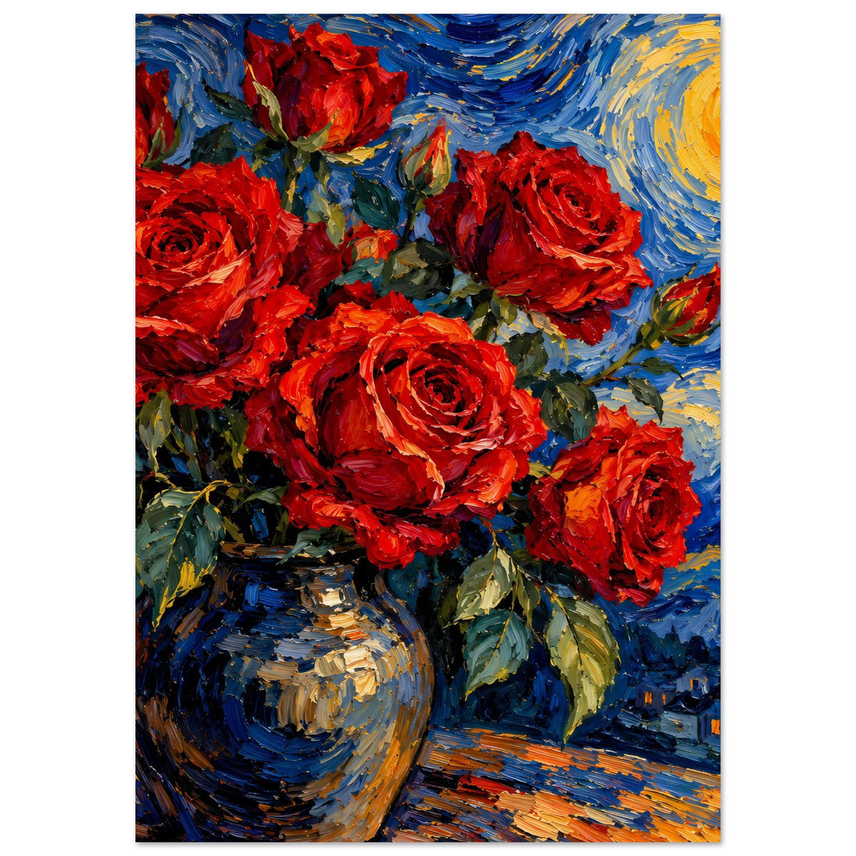 Poster mit rotem Rosenstrauß, Vase unten links, blau-goldene Wirbel im Hintergrund, senkrecht