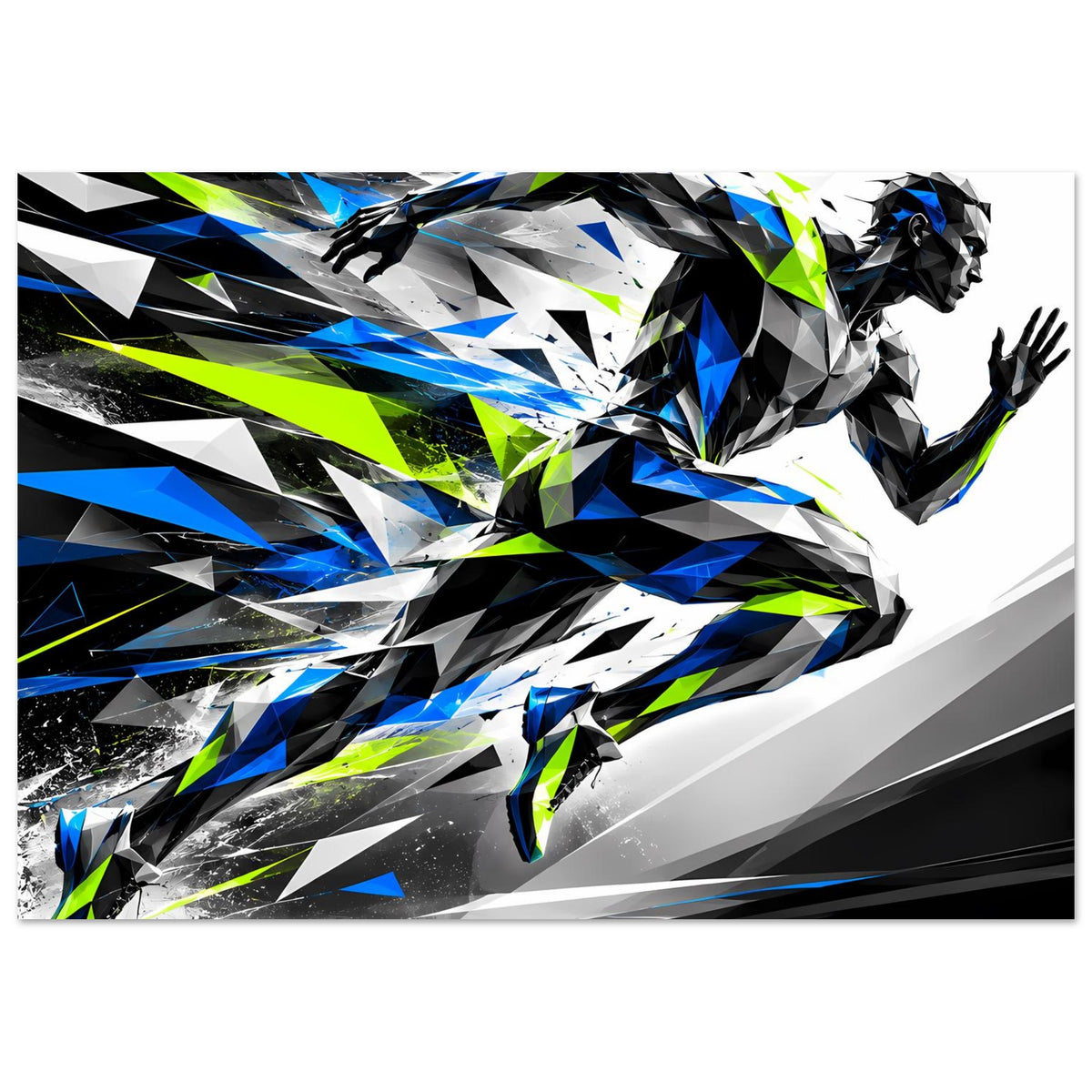 Poster mit abstrakter Läufer-Silhouette, starke Kontraste in Blau, Schwarz und Neon-Grün