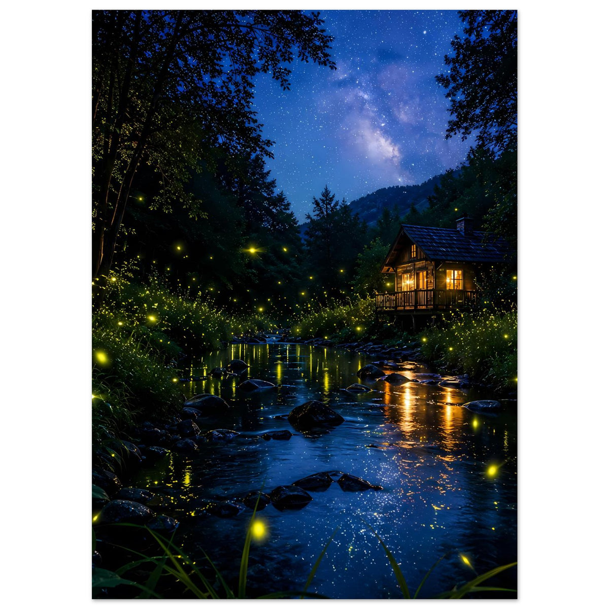 Hochformatiges Poster mit Fluss im Wald, Glühwürmchen und beleuchtetem Häuschen am Ufer