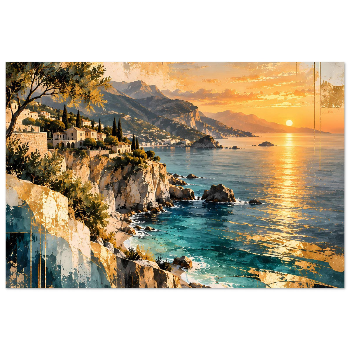 Horizontales Poster: Meer bei Sonnenuntergang, Küstentreppe aus Felsen und Vegetation