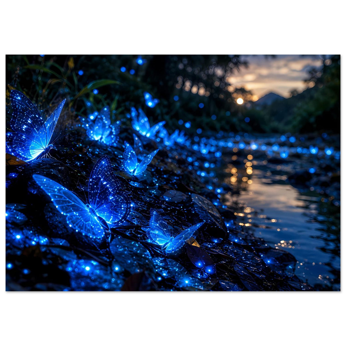Schmetterlingsposter mit blau leuchtendem Schmetterlingsflügel und Glitzerpunkten