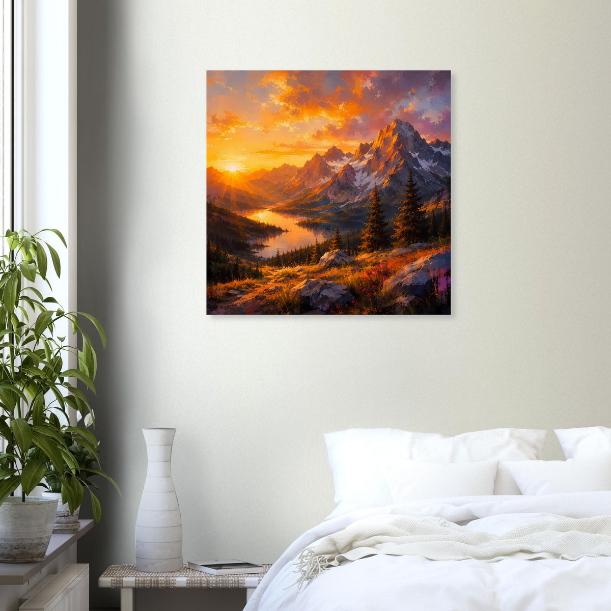 Quadratisches Poster: Sonnenuntergang über Gebirge mit Flusstal und Tannen