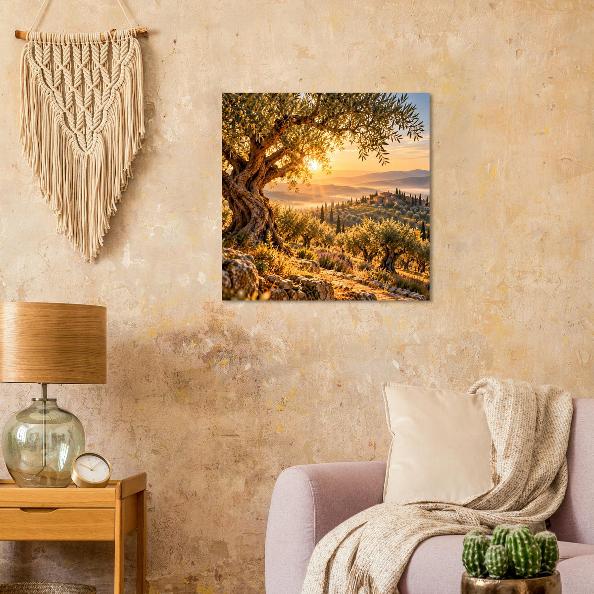 Landschaftsposter mit Olivenbaum im Vordergrund und goldenem Sonnenaufgang über Hügeln