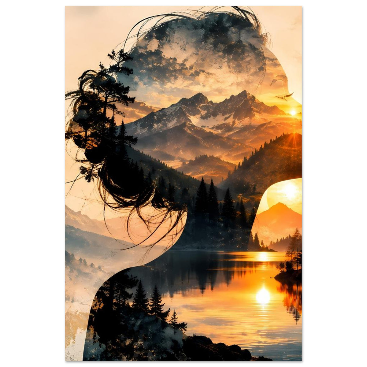 Wandposter mit Frauenprofil, überlagerter Berglandschaft und Sonnenuntergang am See