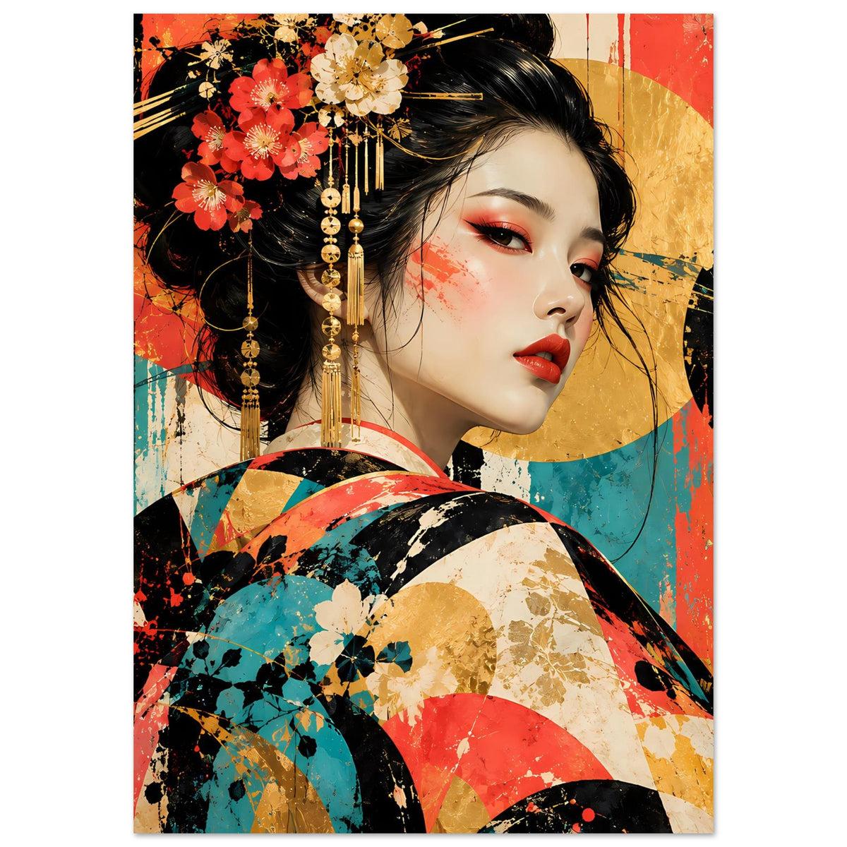 Kunstdruck mit Geisha im Hochformat, Gesicht und Kimono im farbenreichen Art-Look