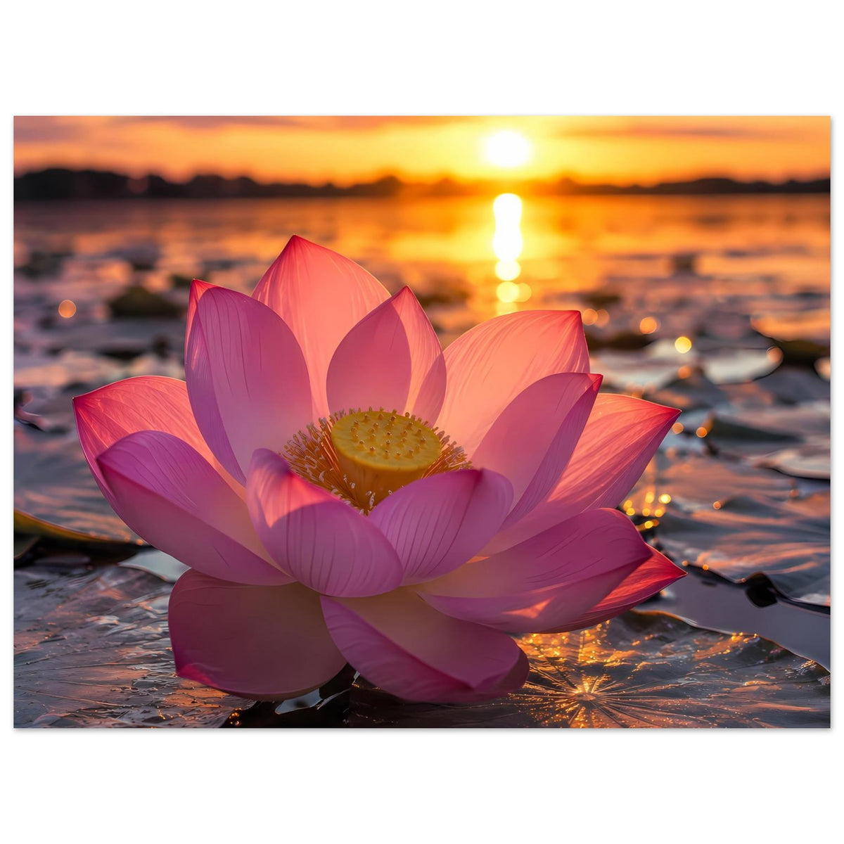 Lotusblüten-Poster im Hochformat: pinke Lotusblüte mit gelber Mitte im warmen Farbton