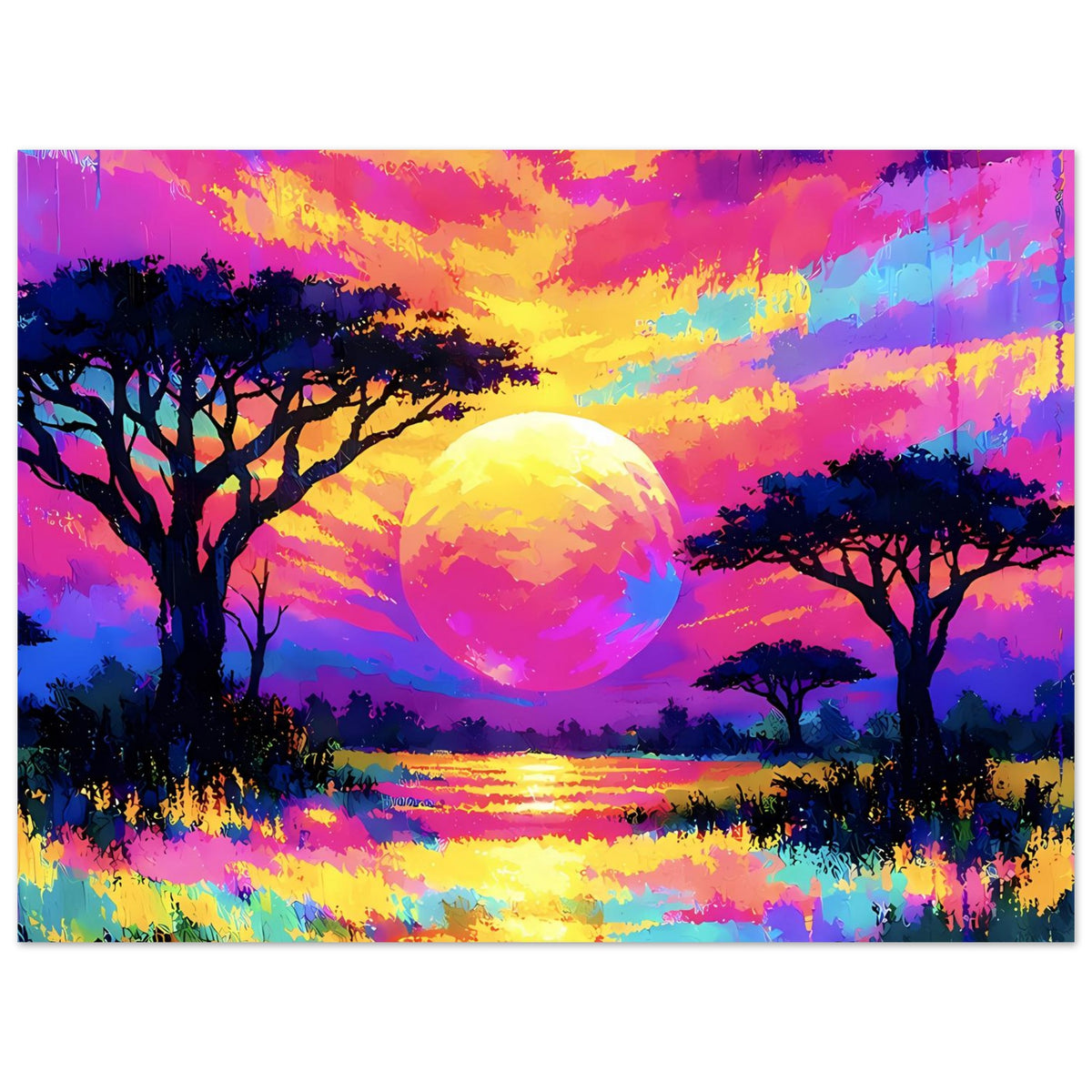 Neon-Landschaftsposter, horizontal: gelbrosa Sonne, bunte Wolken und dunkle Bäume im Vordergrund
