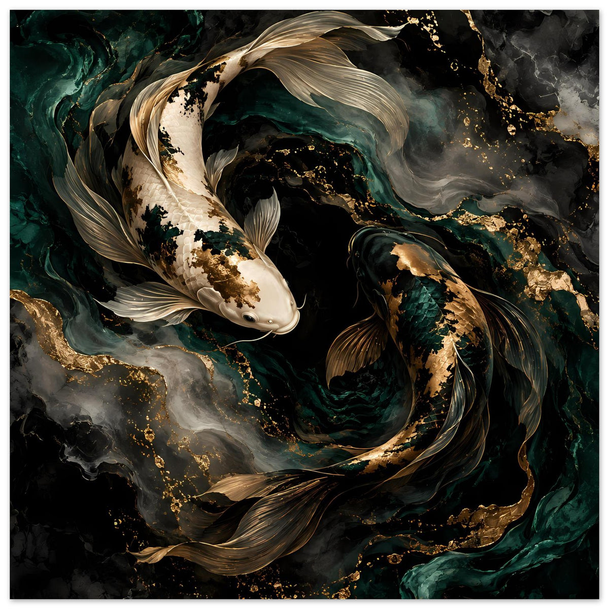 Kunstposter mit Koi-Fischen: Farbwirbel aus Grün, Weiß und Gold um zwei Koi-Tiere