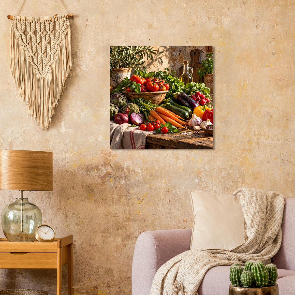Küchenposter mit Gemüsearrangement: Tomaten, Karotten und Auberginen, quadratisch