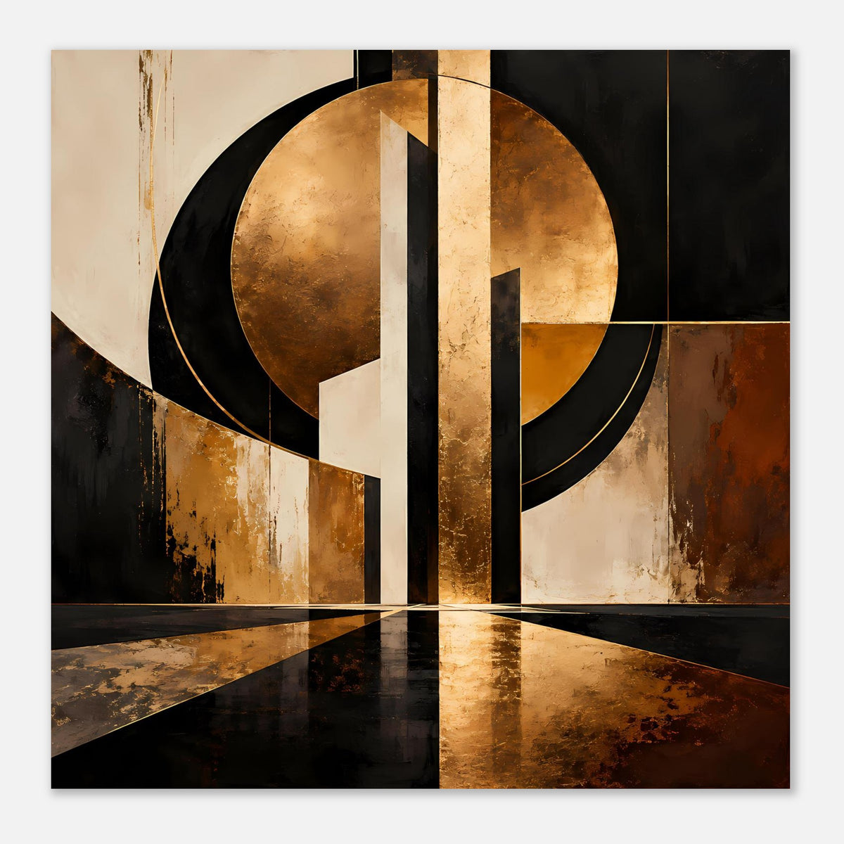 Abstraktes Gold-Schwarz Poster mit Kreisformen, vertikalen Balken und horizontalen Trennlinien