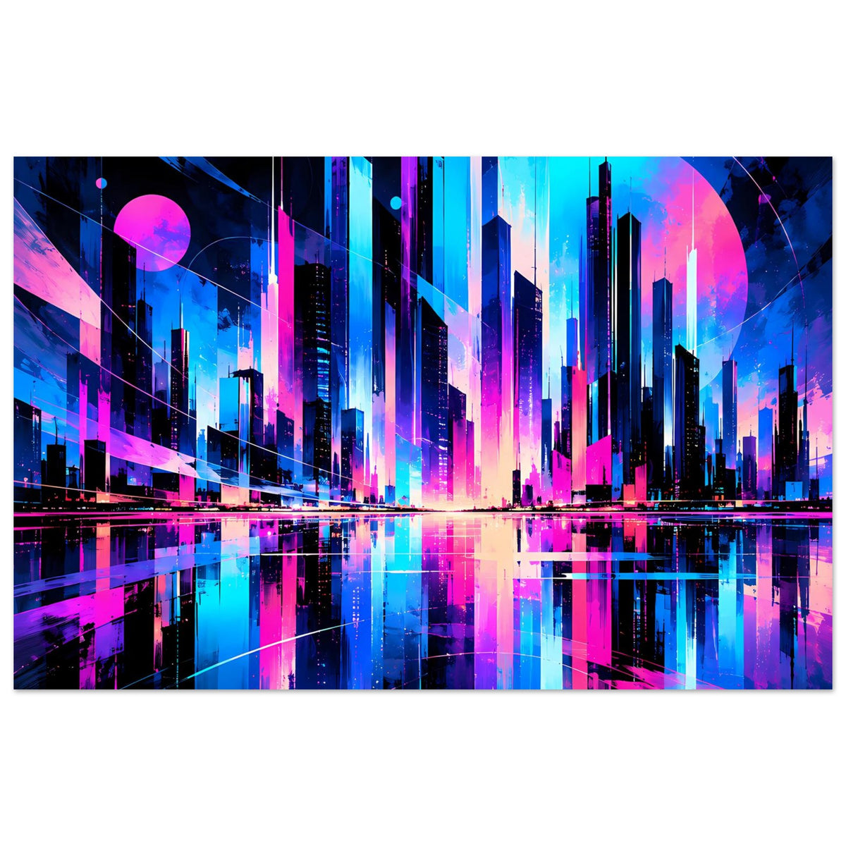Neon-Cityscape-Poster: futuristische Wolkenkratzer in Blau und Pink, horizontal.