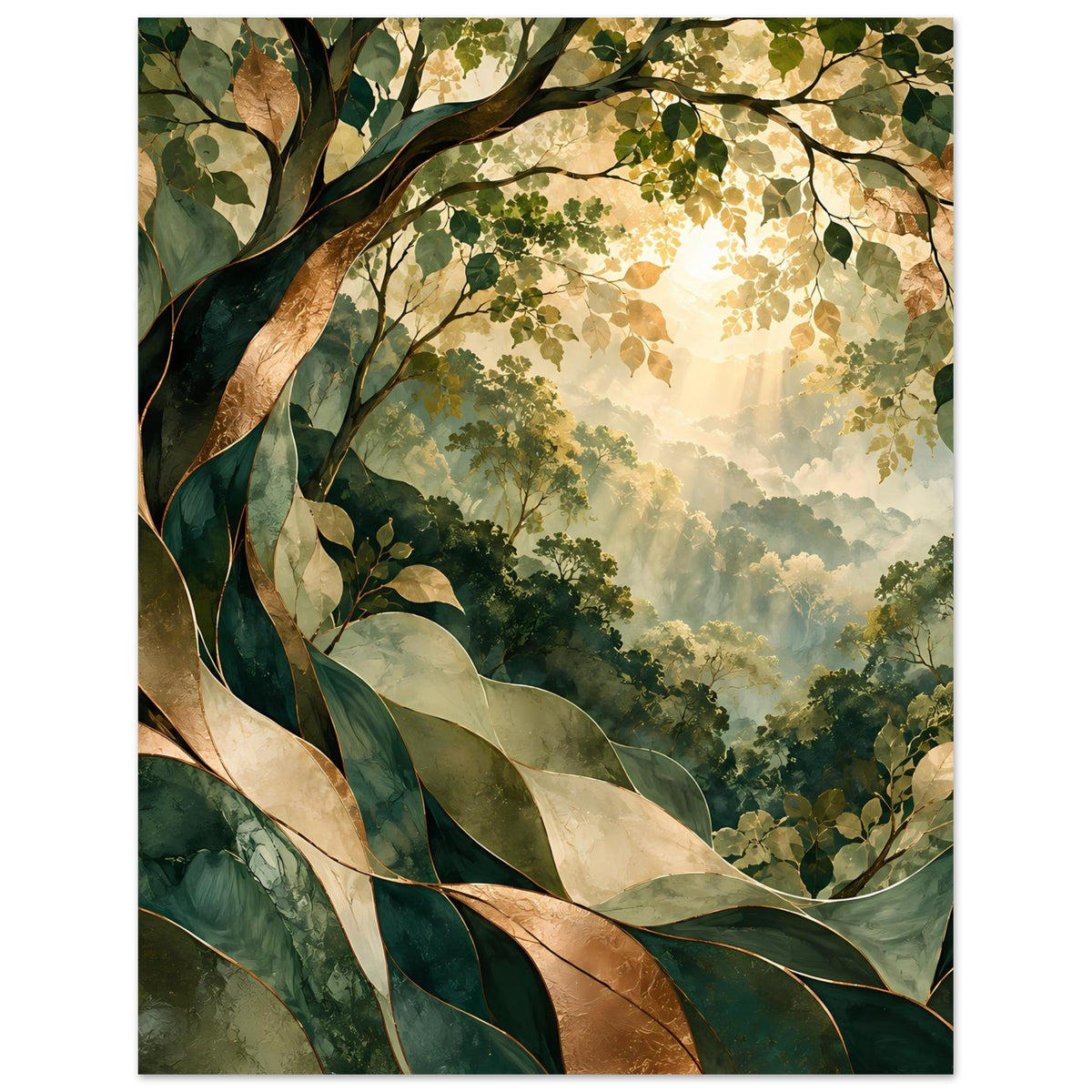 Naturposter mit Blick in den Wald: Blattzweige links, goldene Sonne und grüne Schichten