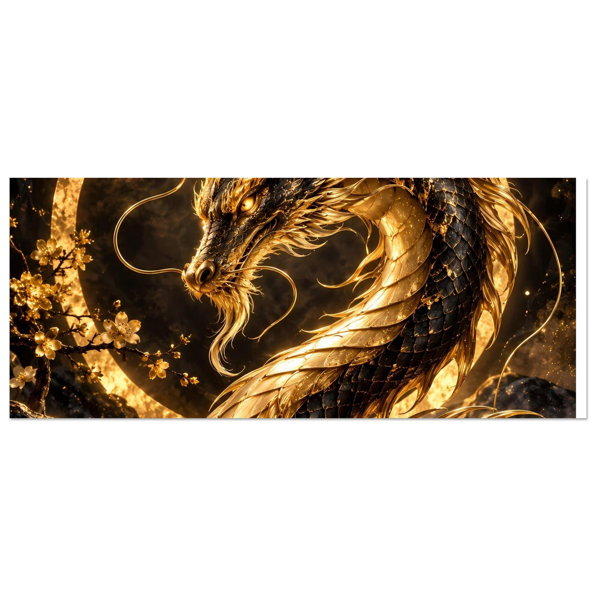 Breites Poster: goldener Drache im Kreismotiv mit leuchtenden Blütenstaub-Effekten