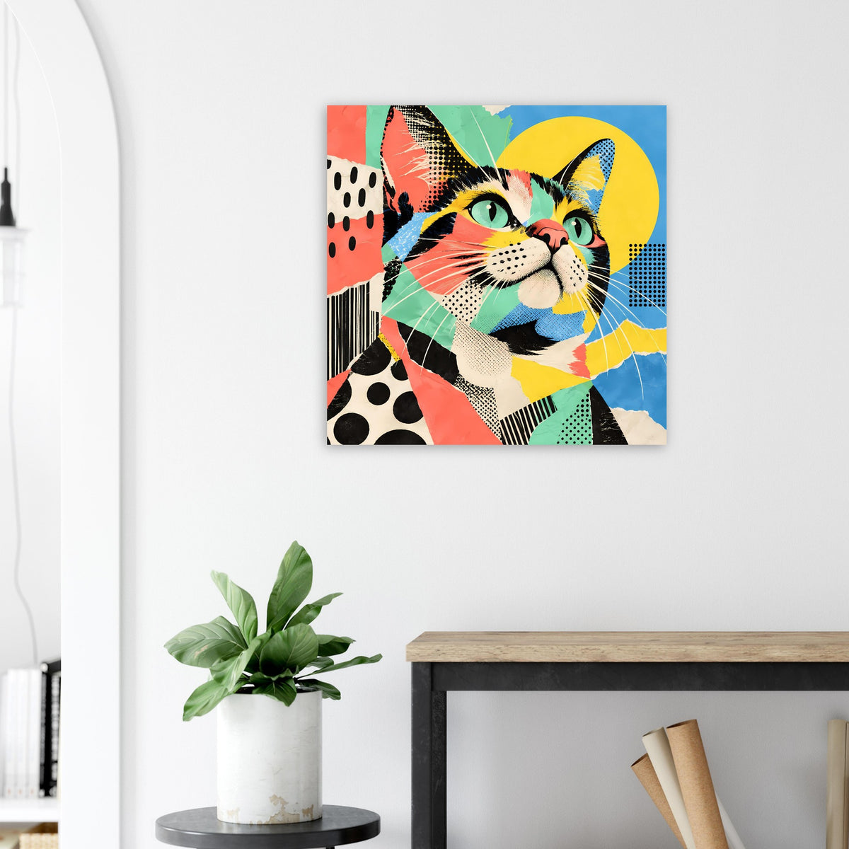 Pop-Art-Katzenposter mit Katzenkopf in popartigem Farbstilmix