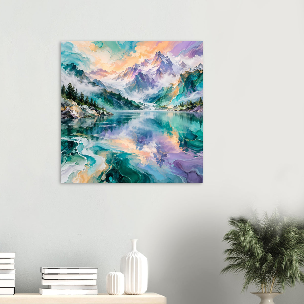 Kleines gerahmtes Poster mit Bergtal und türkis-violettem Flussverlauf, pastelliger Himmel