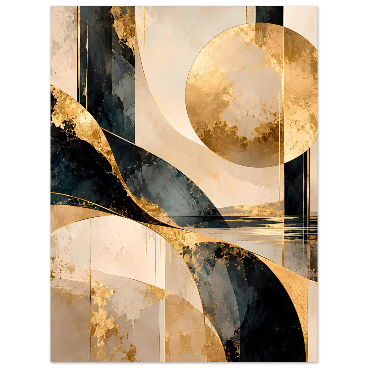 Abstraktes Poster mit Kreismotiven in Gold, dunklen Segmenten und geschwungenen Linien