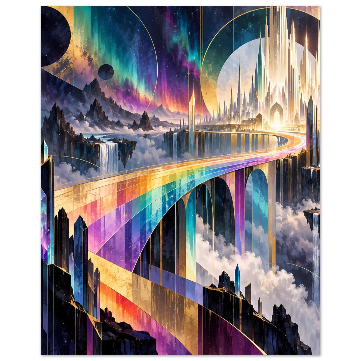 Futuristisches Regenbogen-Brückenposter mit leuchtenden Bögen, Wolken und dunklen Gebäuden