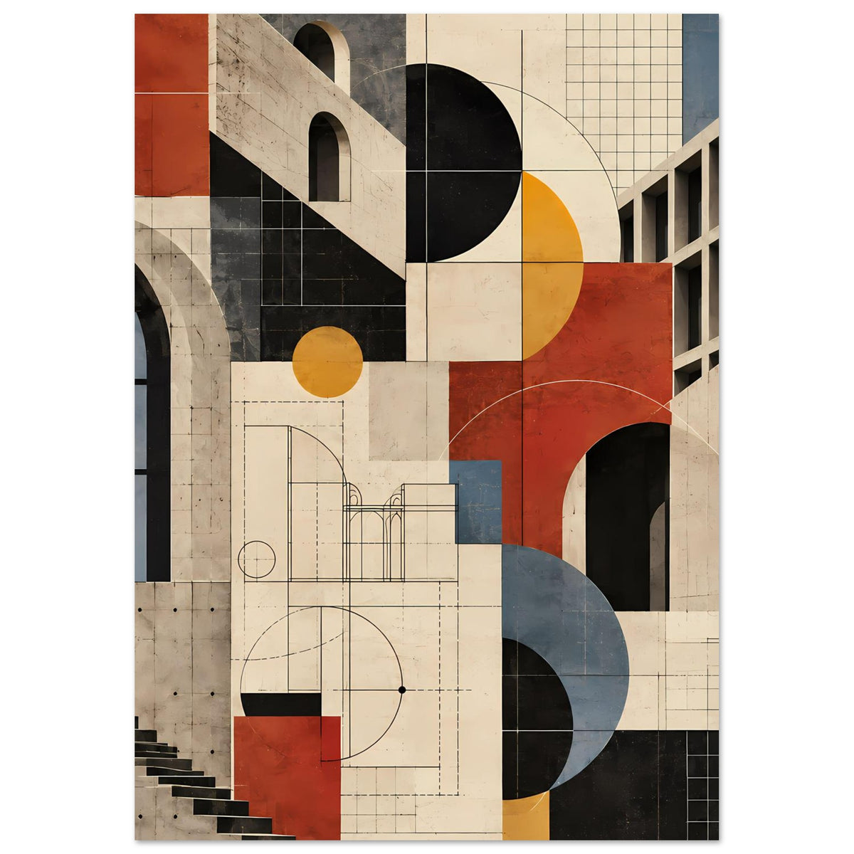 Kunstposter: Architektur-Kollage mit Terrakotta- und Schieferblau-Tönen, Rundformen & Gitterlinien